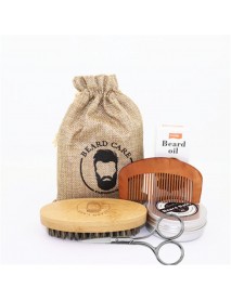 6 Pcs Beard Care Set Beard Beard Oil Beard Cream Double-sided Comb Brush Brush Bag Scissors