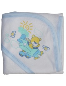 Hooded Towel with Blue Binding and Screen Prints