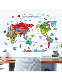 Cartoon Animals World Map Wall Stickers for Kids Room Decorations Safari Mural Art Zoo