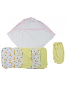 Pink Hooded Towel, Washcloths and Hand Washcloth Mitt - 6 pc Set 