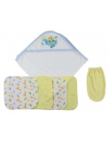 Blue Hooded Towel, Washcloths and Hand Washcloth Mitt - 6 pc Set 