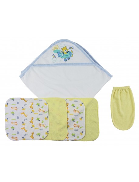 Blue Hooded Towel, Washcloths and Hand Washcloth Mitt - 6 pc Set 