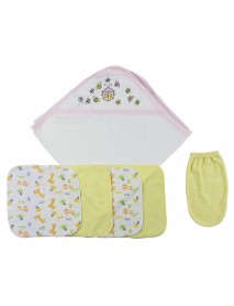 Pink Hooded Towel, Washcloths and Hand Washcloth Mitt - 6 pc Set 