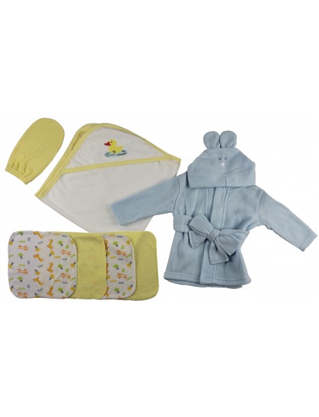 Blue Infant Robe, Yellow Hooded Towel, Washcloths and Hand Washcloth Mitt - 7 pc Set 