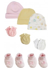 Preemie Baby Girl Caps with Infant Mittens and Booties - 8 Pack