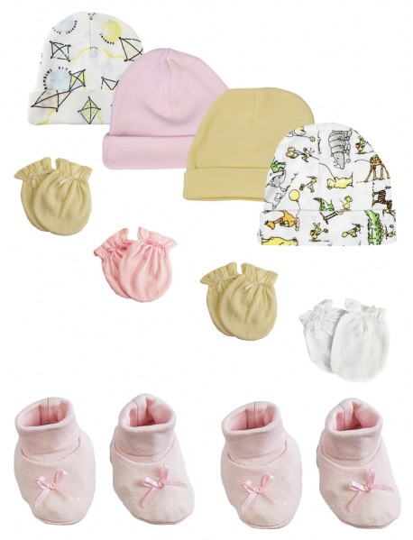 Preemie Baby Girl Caps with Infant Mittens and Booties - 10 Pack