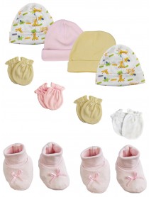Preemie Baby Girl Caps with Infant Mittens and Booties - 10 Pack