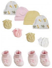Preemie Baby Girl Caps with Infant Mittens and Booties - 10 Pack