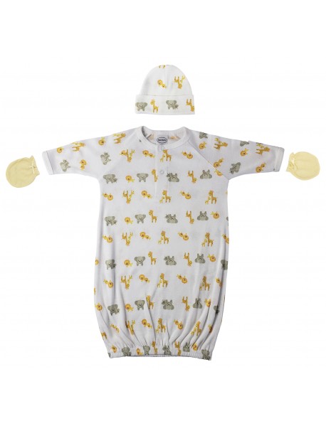 Preemie Baby Boy, Baby Girl, Unisex Printed Gown, Cap and Mittens - 3 pc