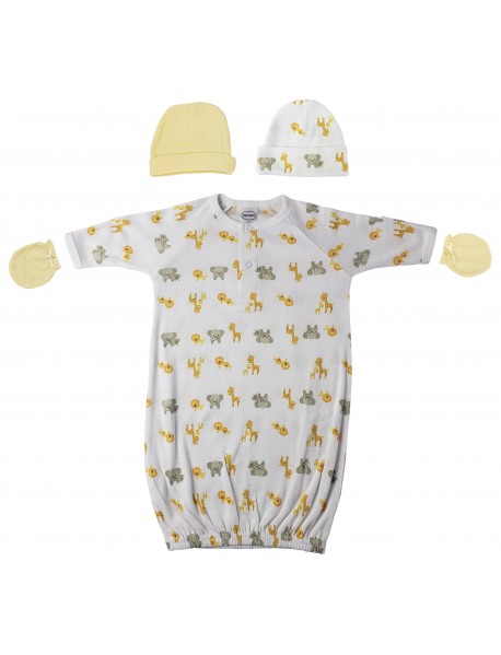 Preemie Baby Boy, Baby Girl, Unisex Printed Gown, Caps and Mittens - 4 pc