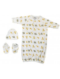 Newborn Baby Boy, Baby Girl, Unisex Infant Gown, Caps, Booties - 3 pc Set 