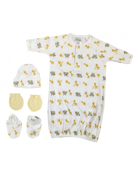 Newborn Baby Boy, Girl, Unisex Infant Gown, Caps, Booties, Mittens - 4 pc 