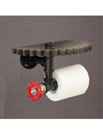 Retro Industrial Iron Pipe Bracket Toilet Paper Holder Roller Wood Gear Mounted Wall Shelf