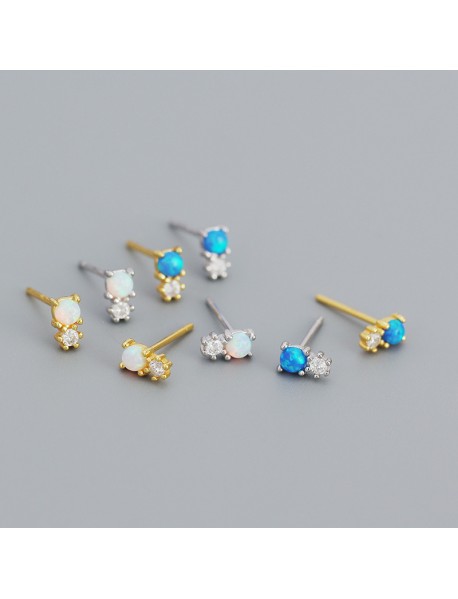 New Round Created Opal Snowman  CZ 925 Sterling Silver Stud Earrings