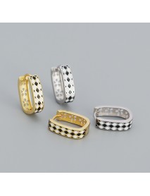 Geometry Black White Chess Board 925 Sterling Silver Huggie Hoop Earrings
