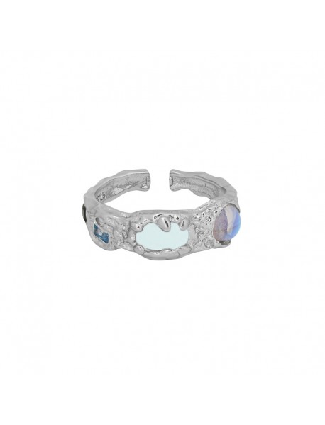 Fashion Irregular Round Created Moonstone CZ 925 Sterling Silver Adjustable Ring