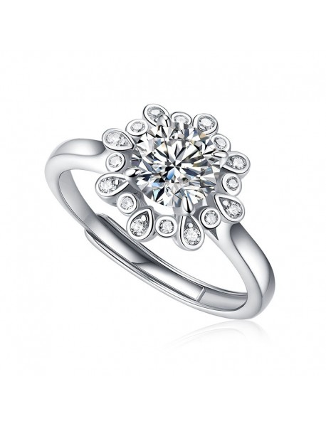 Wedding Moissanite CZ Peonies Flower 925 Sterling Silver Adjustable Ring
