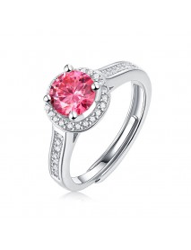 Women Pink Round Moissanite CZ 925 Sterling Silver Adjustable Ring