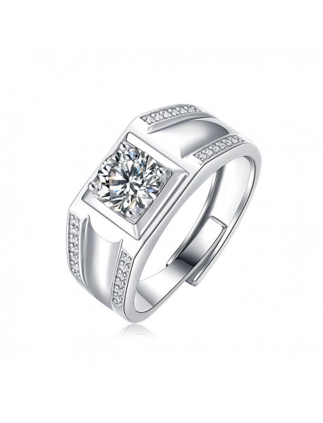 Men's  Moissanite CZ Geometry Square 925 Sterling Silver Adjustable Ring