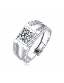 Men's  Moissanite CZ Geometry Square 925 Sterling Silver Adjustable Ring