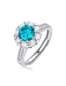 Women Blue Round Moissanite CZ Flower 925 Sterling Silver Adjustable Ring