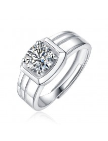 Men Moissanite CZ Geometry Square 925 Sterling Silver Adjustable Ring