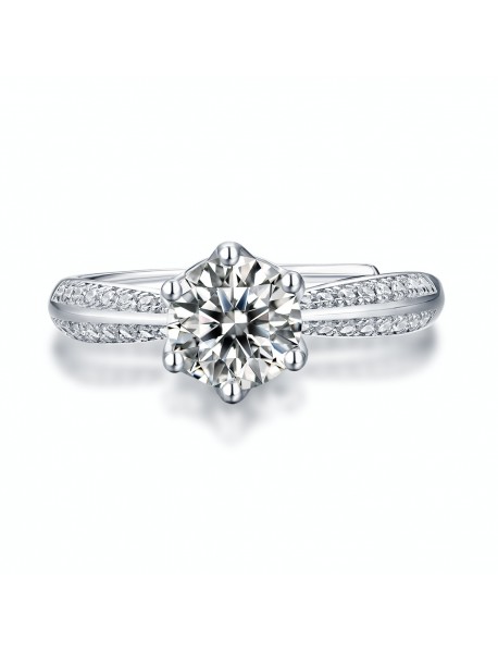 Bridesmaid Six Claw Round Moissanite CZ Lines 925 Sterling Silver Adjustable Ring