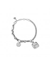 Vintage Asymmetry Curb Figaro Chain Love Drop 925 Sterling Silver Bracelet