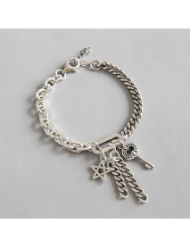 Asymmetry Curb Chain Hollow Star Key Tassels 925 Sterling Silver Bracelet