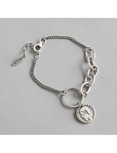 Party Portrait Coconut Tree Coin Chain 925 Sterling Silver Bracelet