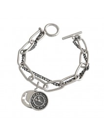 Vintage Smile Dangle Paperclip Curb Double Layers Chain 925 Sterling Silver Bracelet