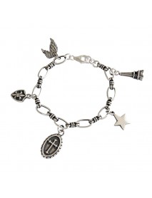 Vintage Cross Star Wings Eiffel Tower Shield 925 Sterling Silver Bracelet