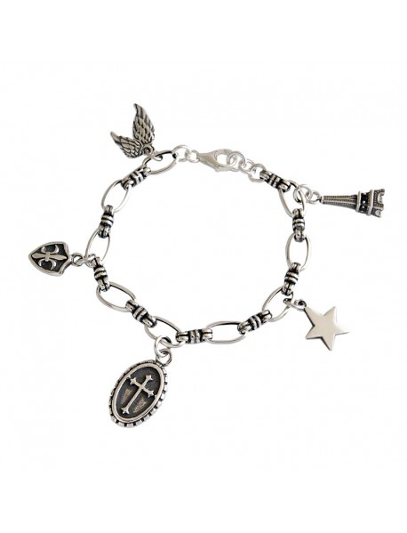 Vintage Cross Star Wings Eiffel Tower Shield 925 Sterling Silver Bracelet