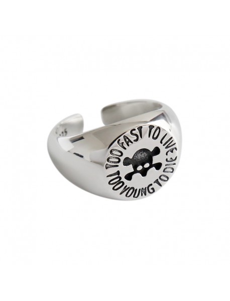 Vintage Skull Head Too fast to live too young to die Letters 925 Sterling Silver Adjustable Ring