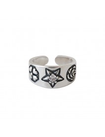 Vintage Rose Flower Star Four Leaf Clover CZ 925 Sterling Silver Adjustable Ring