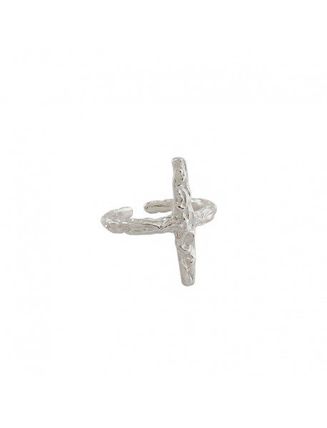 Classic Irregular Beaten Cross  925 Sterling Silver Adjustable Ring