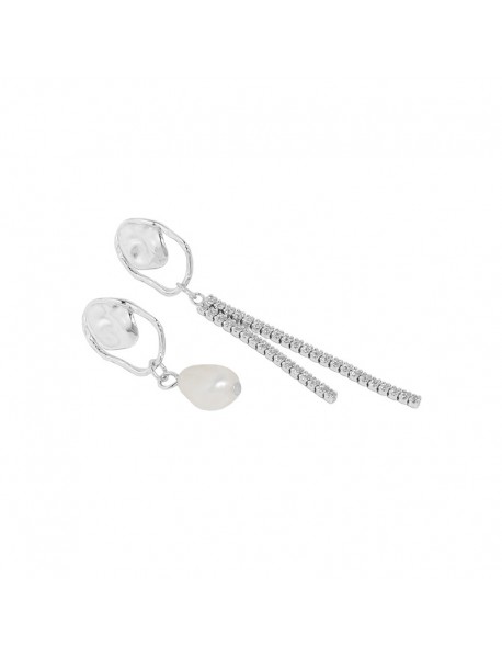 Asymmetry Shell Pearl CZ Tassels 925 Sterling Silver Dangling Earrings