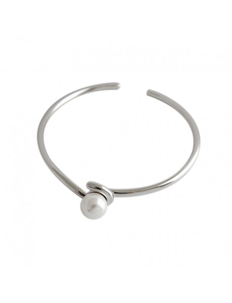 Simple Round Shell Pearl 925 Sterling Silver Open Bangle