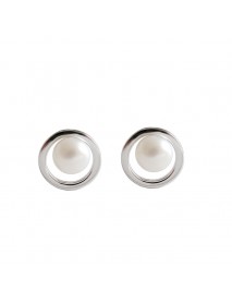 Geometry Hollow Circle Round Natural Pearl 925 Sterling Silver Stud Earrings