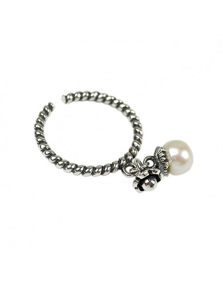 Vintage Natural Pearl Flower Twisted 925 Sterling Silver Adjustable Ring