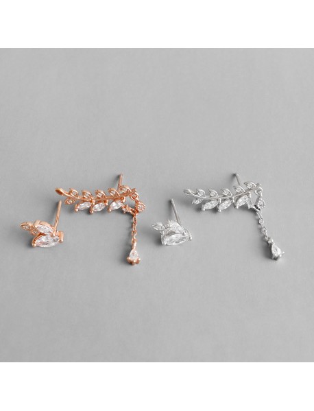 Asymmetry CZ Leaves Branch 925 Sterling Silver Stud Earrings