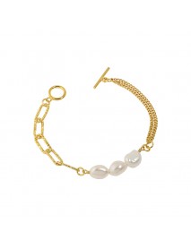 Asymmetry Hollow Chain Baroque Natural Pearl 925 Sterling Silver Bracelet