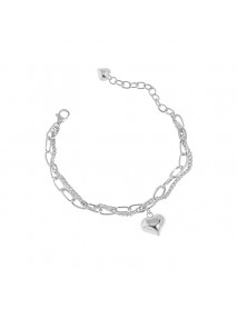 Girl Double Layers Hollow Chain Heart 925 Sterling Silver Bracelet