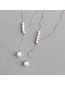 Women Round Shell Pearls Y Shape 925 Sterling Silver Necklace