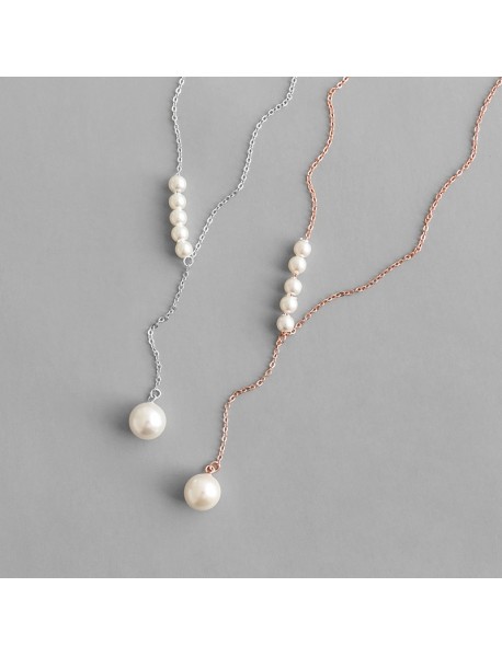 Women Round Shell Pearls Y Shape 925 Sterling Silver Necklace