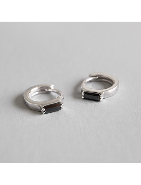 Simple Geometry Black CZ Rectangle 925 Sterling Silver Hoop Earrings