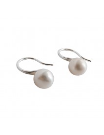 Women Round Natural Pearl 925 Sterling Silver Dangling Earrings
