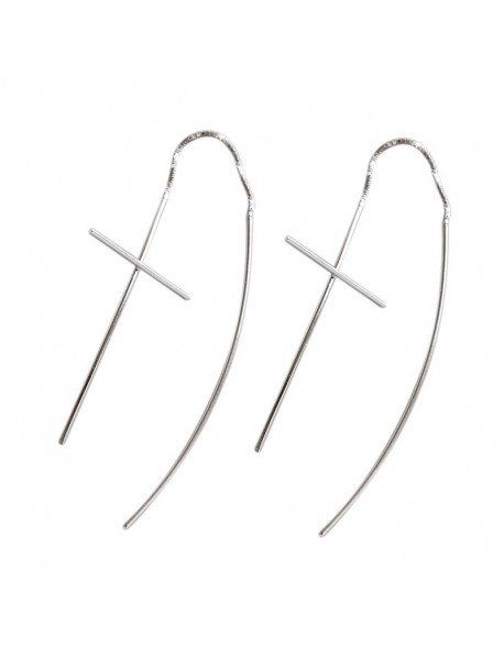 Fashion Line Cross 925 Sterling Silver Thread Dangling Earrings