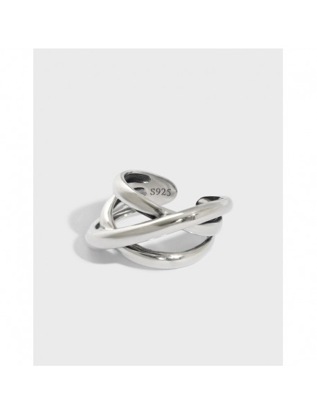 Fashion Triple Lines Cross  925 Sterling Silver Adjustable Ring