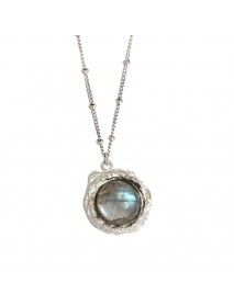 Gift Round Natural Anemousite White Crystal Irregular 925 Sterling Silver Necklace